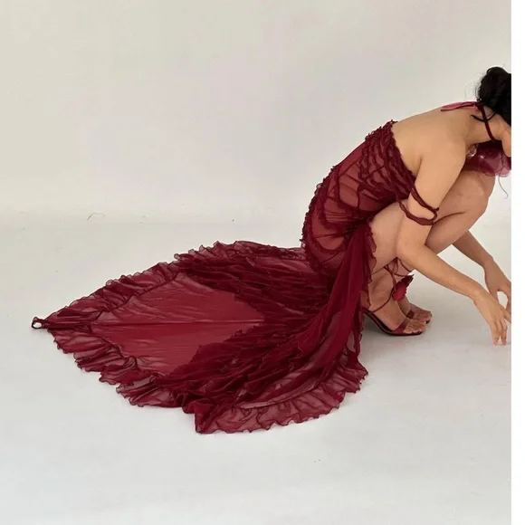 Mirror Palais Cascading Ruffle Gown in Sangre (Sheer) - Picture 6 of 10